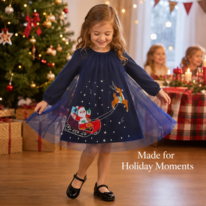 Vestido de Fiesta Navideño para Niñas, Tul Bordado con Santa Claus, Manga Larga, 100% Algodón, Azul Marino, para 2-7 Años, Personalizado OEM - Product Image 3