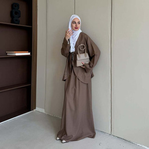 Customized 2026 New Co Ord Set Women Modest <strong>Linen</strong> Look 2 Piece Set Front Tie Cardigan and <strong>Maxi</strong> <strong>Skirt</strong> Muslim Abaya Set - Product Image 5