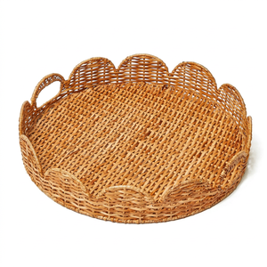 Handwoven Color Enamel Rattan Modern Party Eco-Friendly Round Serving <b>Tray</b> Scalloped Woven <b>Basket</b> Food Plate Table Decor - Product Image 1