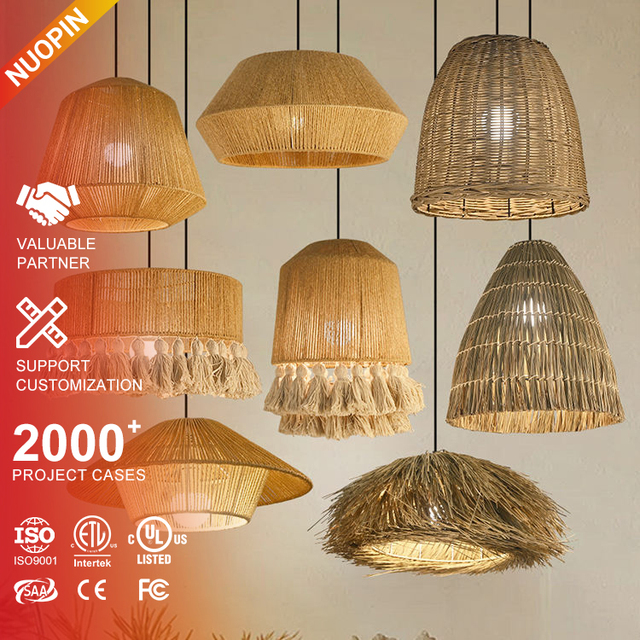 American Country Farmhouse Adjustable Height LED Hanging Chandelier Retro Rattan Weave Pendant Lights