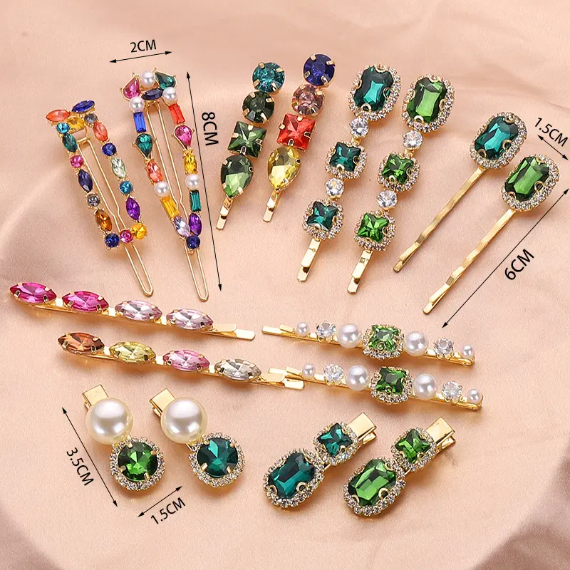 Ins-accesorios para el cabello para niña y mujer, horquillas con piedras de cristal de color verde, pinzas para el pelo de piedras de cristal