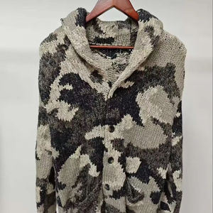 Casual Style Hand-Knit Camouflage Patterned <b>Hooded</b> <b>Cardigan</b> Earthy Neutral Tones with Artisanal Button Front Design - Product Image 1