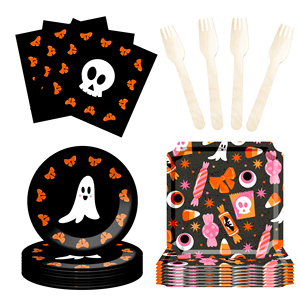 อุปกรณ์จัดปาร์ตี้ฮาโลวีน DAMAI ลายฟักทอง แมวดำ และผีน่ารัก ดีไซน์สีม่วงและดำ จานและผ้าเช็ดปากธีมฮาโลวีน - Product Image 4