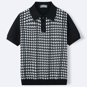 Maglia a maniche corte da uomo in viscosa jacquard fantasia pied-de-poule retrò, effetto seta ghiaccio rinfrescante, taglia standard europea e americana - Product Image 6