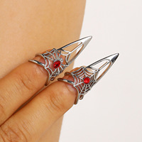 En gros, Bague d'ongle en cuivre, motif griffe d'araignée gothique, avec strass rouge, creuse, style armure de jointure, bijoux de cosplay d'Halloween pour femmes