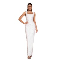 Robe moulante élégante pour femme à col carré, bretelles spaghetti, ornée de perles florales, idéale pour les soirées et les fêtes