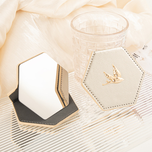 Hexagon Unbreakable Stainless Steel Pocket <b>Mirror</b> Gold Bird Emblem PU Leather Folding Stand Desktop Vanity <b>Mirror</b> Gift - Product Image 2
