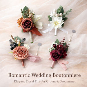 ดอกไม้ติดเสื้อเจ้าบ่าวปลอมสำหรับผู้ชาย ขายส่ง 6 ชิ้น พร้อมเข็มกลัดในตัว สำหรับพิธีแต่งงาน งานพรอม และตกแต่ง - Product Image 2