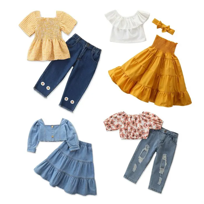 WHS04 Girls Summer Clothing Set Red Tops+jeans Trousers 2pcs Children Suits Kids Fashion Embroidered Pants Baby Girl Clothes