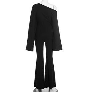 Ensemble femme Viviblook Q25ST341, nouveau, couleur unie, épaules dénudées, haut court à manches longues, pantalon évasé, ensemble deux pièces - Product Image 6