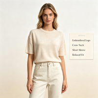 Pull décontracté brodé de haute qualité pour femme, col rond, manches courtes, couleur blanche, personnalisable OEM & ODM, vente en gros