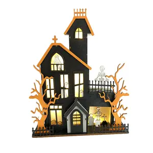 Halloween LED Kerajinan Dekoratif Laser Cutting Kustom Rumah Kantor Desktop Rumah Berhantu Ornamen Kayu