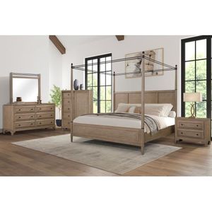 Juego de dormitorio Queen con dosel ajustable, mesita de noche de 2 cajones, cómoda moderna, espejo con marco, armario con puertas y tapicería de terciopelo ajustable - Product Image 1