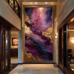 Lussuoso Quadro Astratto Grande <span class=keywords><strong>Viola</strong></span> con Lamina d'Oro, Dipinto a Olio Moderno Effetto Nebulosa Galassia, Arte su Tela Fluida per Parete - Product Image 1