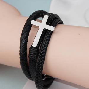 Pulsera de Cuero Tejida Hecha a Mano con Hebilla Magnética Cruzada Joyería de Titanio de Acero Inoxidable para Hombres Regalos Artesanales Cruzados - Product Image 1