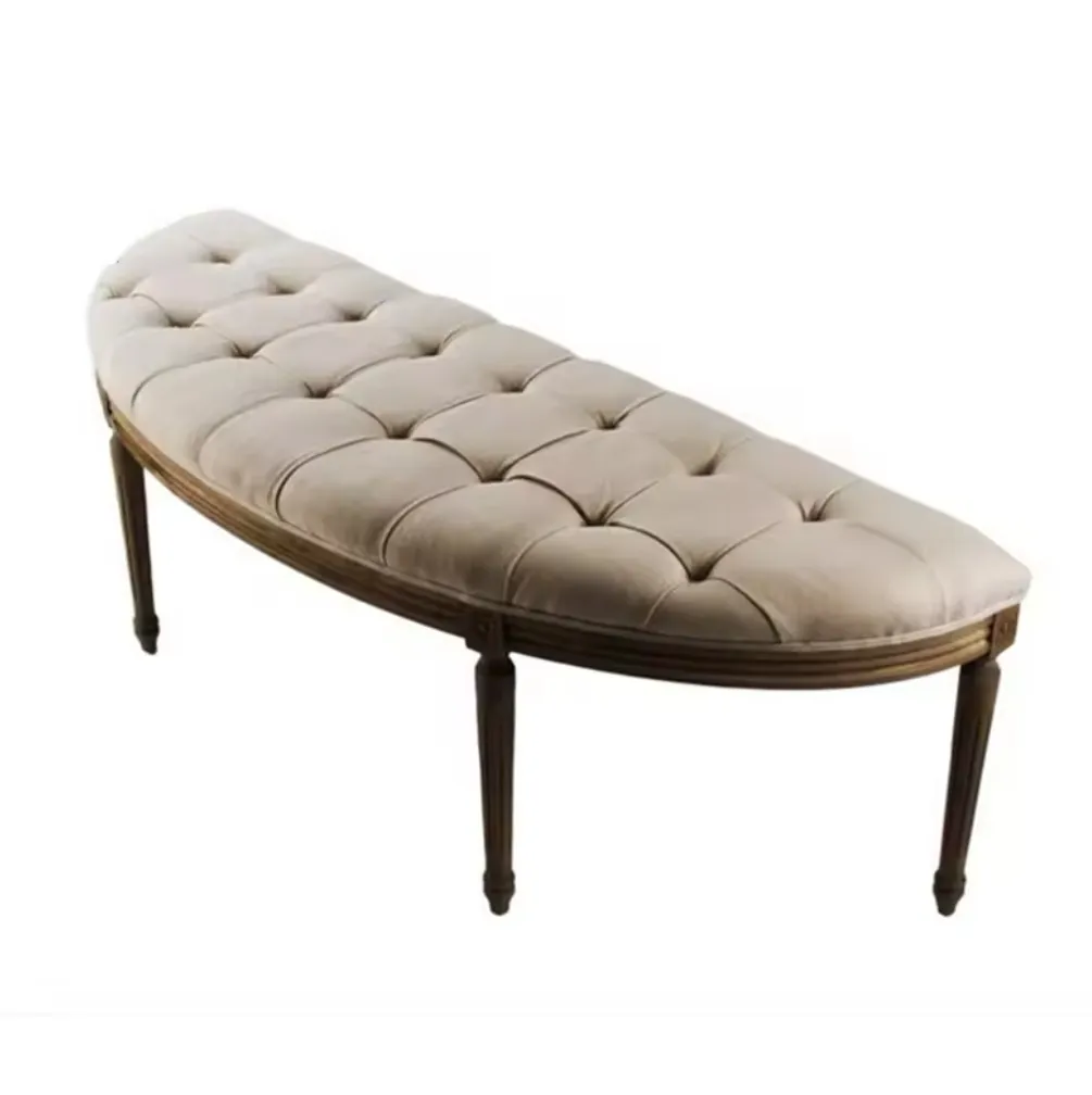 Vintage French Style Timber Wooden Semi-Circular Linen Upholstered Fabric Ottoman Bench