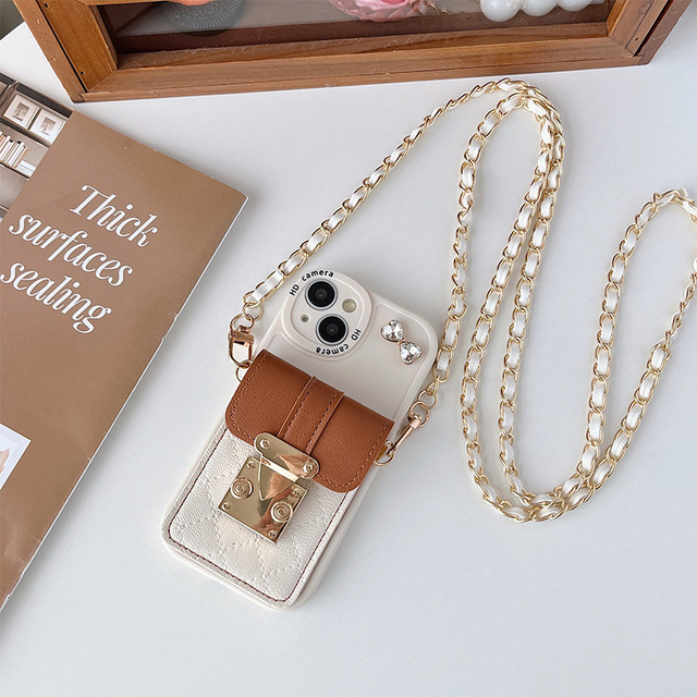 Luxury Leather Crossbody Phone case With Metal Chain Lanyard Wallet Strap Cover Purse