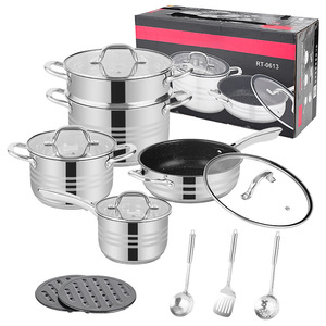 Ensemble d'ustensiles de cuisine en acier inoxydable à double fond moderne de 13 pièces ensemble d'ustensiles de cuisine casserole à grille vapeur ensemble de casseroles en métal épaissi - Product Image 1