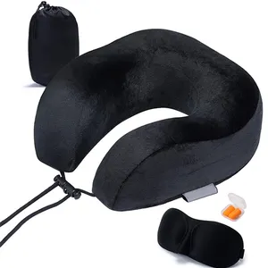 Travesseiro de pescoço em formato de u, ajustável, espuma de memória para viagem com máscara de sono para avião