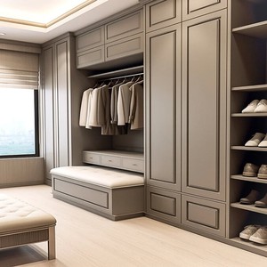 Armario de Madera de Lujo Personalizado Balom para Dormitorio, Armario Vestidor Color Blanco Crema con Puertas de Panel Empotradas y Sistema de Armario Abierto con Iluminación LED - Product Image 2