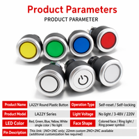 Interrupteur à bouton-poussoir lumineux LED 22 mm rond, momentané ou à enclenchement, 5 couleurs (rouge, vert, bleu, jaune, blanc) pour armoire
