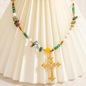 <b>Cross</b> Pendant Necklace Stainless Steel 18K Gold Color Clavicle <b>Chain</b> Instagram Style Natural Stone Jewelry - Product Image 2