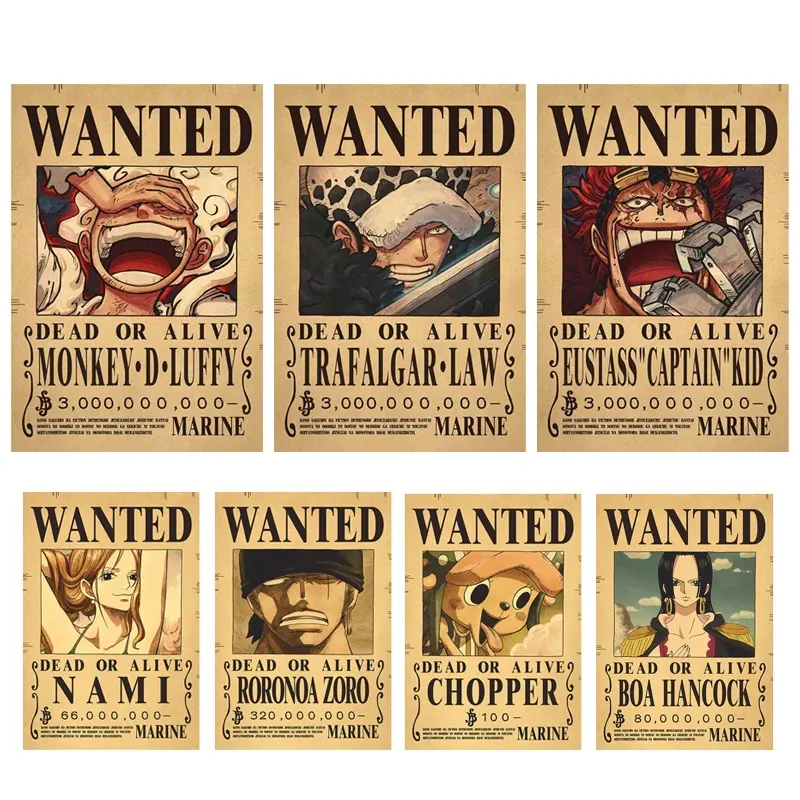 144 Styles Hot Sale One Piece Luffy Wanted Series Cartoon Placard Home Decoration Retro Kraft Paper Anime Poster