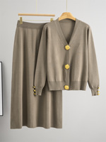 Costume décontracté d'hiver pour femmes, nouveau cardigan à col en V, grand bouton, motif uni, tissu en polyester/coton peigné, coupe régulière