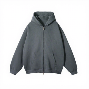 Men's Beige Hooded Zip-Up Sweatshirt Solid Color Fleece Casual Oversized Fit Pocket Design Autumn Wear - Product Image 4