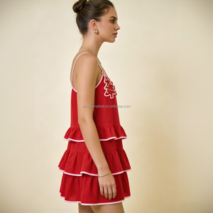 <span class=keywords><strong>Robe</strong></span> <span class=keywords><strong>de</strong></span> Noël à volants pour <span class=keywords><strong>femme</strong></span>, rouge avec bordure rose, appliques d'arbre, <span class=keywords><strong>robe</strong></span> courte <span class=keywords><strong>de</strong></span> fête - Product Image 2