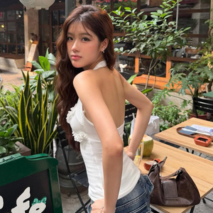White <b>Patchwork</b> Knitted Ruffle Trim Women's Halter Neck V-Neck Backless Sleeveless Cami Tank <b>Top</b> Party Vacation Style - Product Image 6