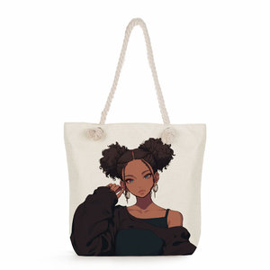 Dikke Canvas Milieuvriendelijke Handheld Boodschappentas Mode Cartoon Print Cool Zwart Meisje Grote Capaciteit Dikke Touw Schoudertas - Product Image 5