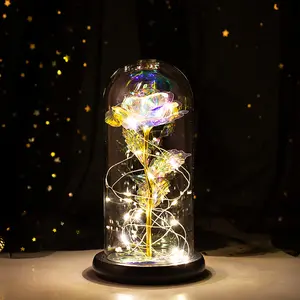 Roses intégrées à la main, 7/lot, fausses fleurs, sous dôme de verre, support en bois, avec lampe Led, vente directe d'usine