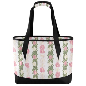 Grand sac isotherme de plage personnalisé Anthurium Aloha Hawaïen pour fleurs roses, sac fourre-tout d'été à bandoulière pour les courses - Product Image 1