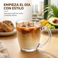 Ensemble de tasses en verre transparent de 360 ml avec grande poignée, idéal pour le café glacé, le lait et les jus, pour hôtels, restaurants et cafés – Vente directe usine