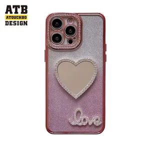 Ins style Luxury OEM Rhinestone Glitter Gradient Heart Mirror TPU PC IMD Phone case for iphone cover
