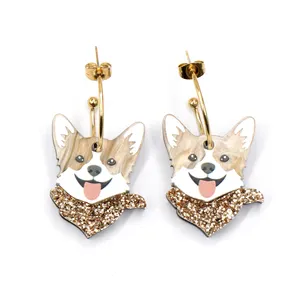 MD155ER2287 High Quality Corgi Dog Acrylic Hoop Earrings For Women Rectangle Rounded Design For Anniversary Cute Animal Lovers