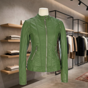 FESHO WEAR High Quality Green <b>Sheepskin</b> Quilted Leather Motorcycle Jacket <b>Women</b> Adults Breathable Canvas Waterproof Eco-Friendly - Product Image 3
