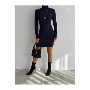 Women's <b>Elastic</b> Ribbed Stand-Up Collar Long Sleeve Midi <b>Dress</b> 90 Cm Office Wear - Product Image 3