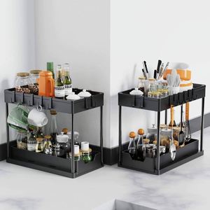 BX 2 Pack Modern Metal & PP Under <b>Sink</b> Dish Drying Storage Double Tier Standing Cabinet <b>Basket</b> Organizer Hooks Kitchen - Product Image 4