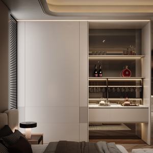 Armoire de chambre Sofeyia au design moderne, finition aspect tissé en mélamine, avec éclairage intelligent et mini-bar, mobilier de maison pour usage hôtelier - Product Image 1