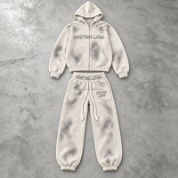 Ensemble sweat à capuche zippé et pantalon de jogging pour homme, couleur crème, effet délavé et détails logo, style streetwear, OEM ODM