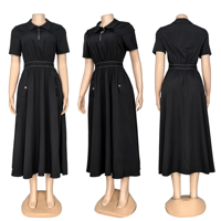 Robe longue élégante vintage d'été à col polo et taille élastique pour les loisirs