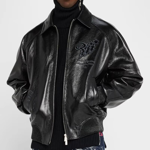 Custom Men's Embroidery Patches High Quality <strong>Leather</strong> Waterproof Bomber Classic Street Varsity <strong>Real</strong> <strong>Leather</strong> <strong>Jacket</strong> - Product Image 1