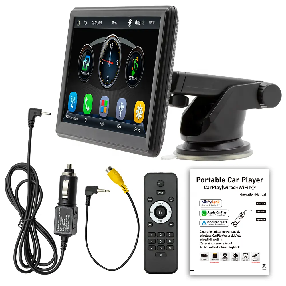 Monitor de carro com reprodutor automático, monitor de encosto de cabeça para caminhão e carro, câmera traseira 1080P, espelho traseiro, DVR USB FM BT, CarPlay e Android de 7" sem fio