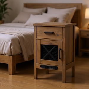 Mesita de noche estilo rústico de madera con 1 cajón, puertos USB y enchufes, mueble para dormitorio - Product Image 2