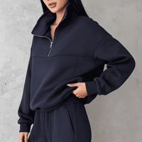 Ensemble de survêtement vintage personnalisé unisexe 2 pièces : sweat à capuche oversize demi-zip et pantalon de survêtement avec col montant coupe ample