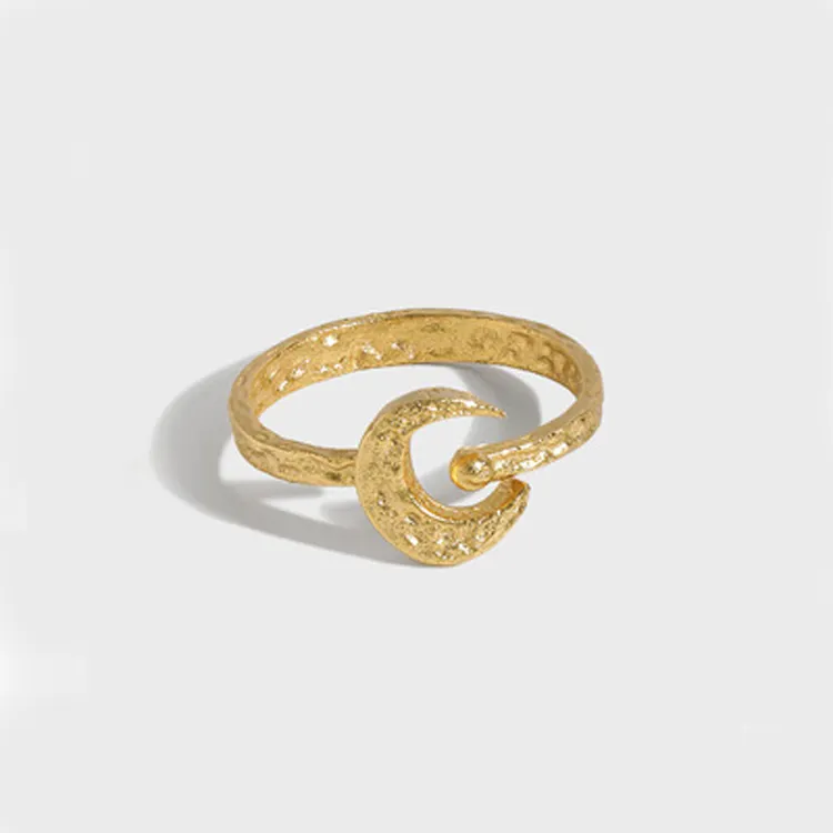 Trendy design moon phrase ring open size adjustable 18k gold texture crescent finger rings personalized s925