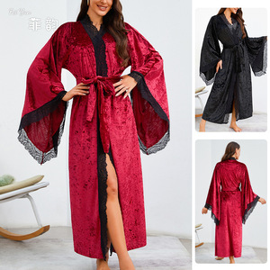Jubah mandi beludru panjang wanita, pakaian tidur nyaman lembut dengan lengan panjang dan sabuk seksi untuk pengantin warna polos - Product Image 1
