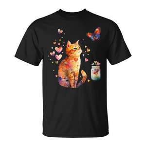 Camiseta con diseño de gato tabby naranja con corazones y mariposas para amantes de los gatos, manga corta, cuello redondo, unisex, para adultos, impresión digital - Product Image 1